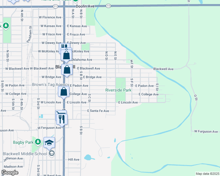 map of restaurants, bars, coffee shops, grocery stores, and more near 502 East College Avenue in Blackwell
