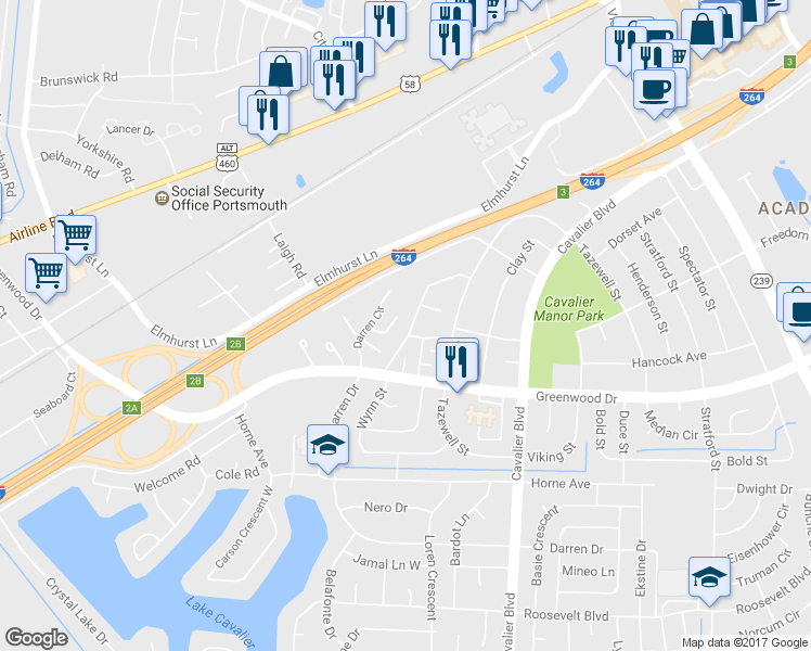map of restaurants, bars, coffee shops, grocery stores, and more near 1623 Darren Circle in Portsmouth