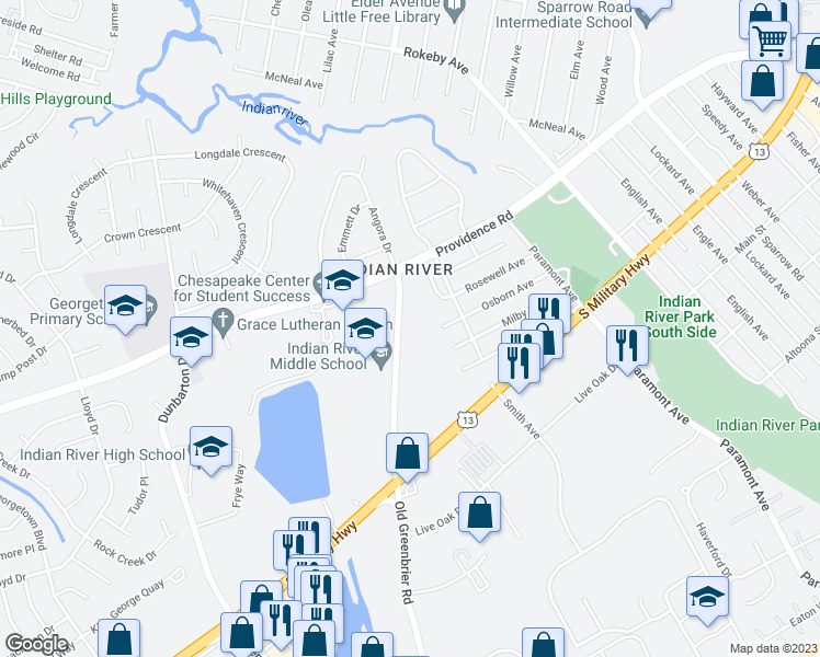 map of restaurants, bars, coffee shops, grocery stores, and more near 2545 Old Greenbrier Road in Chesapeake