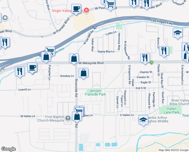 map of restaurants, bars, coffee shops, grocery stores, and more near 721 Ocotillo Lane in Mesquite