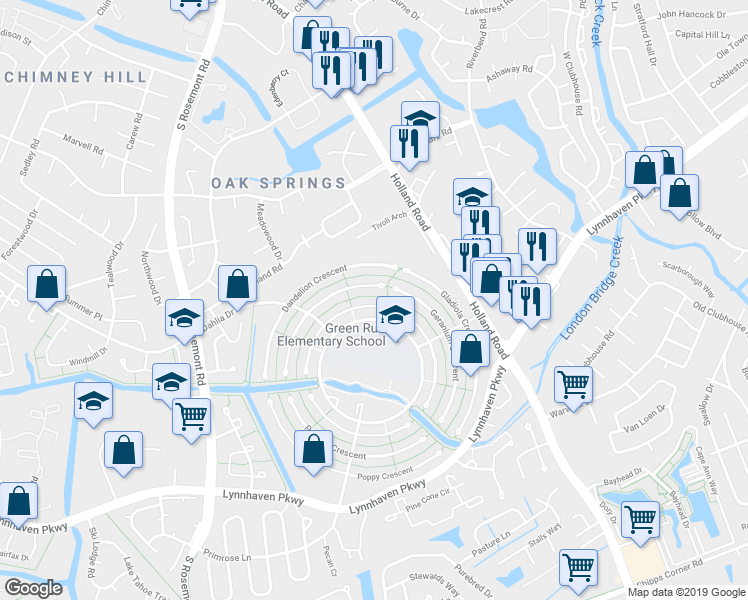 map of restaurants, bars, coffee shops, grocery stores, and more near 3420 Daffodil Crescent in Virginia Beach