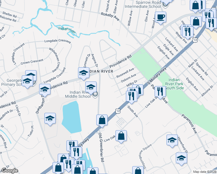 map of restaurants, bars, coffee shops, grocery stores, and more near 638 Osborn Avenue in Chesapeake