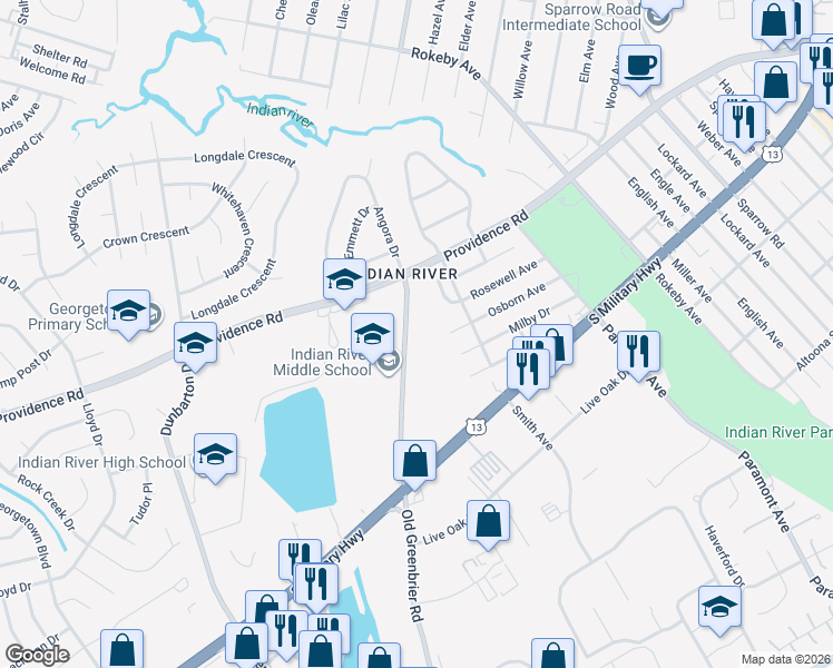 map of restaurants, bars, coffee shops, grocery stores, and more near 2519 Old Greenbrier Road in Chesapeake