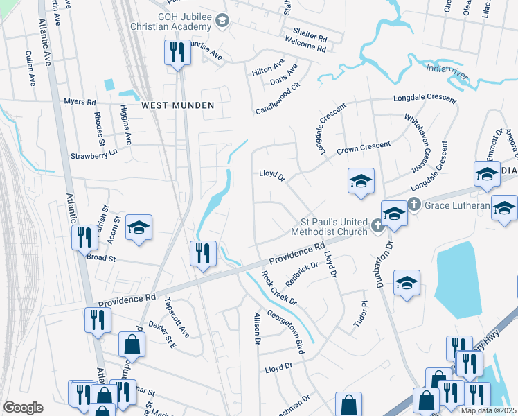 map of restaurants, bars, coffee shops, grocery stores, and more near 2500 Featherbed Court in Chesapeake