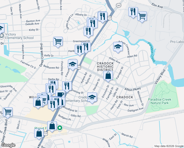 map of restaurants, bars, coffee shops, grocery stores, and more near 21 Afton Parkway in Portsmouth