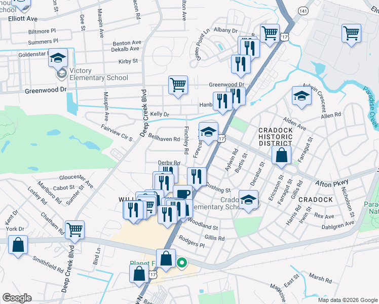 map of restaurants, bars, coffee shops, grocery stores, and more near 4300 George Washington Highway in Portsmouth