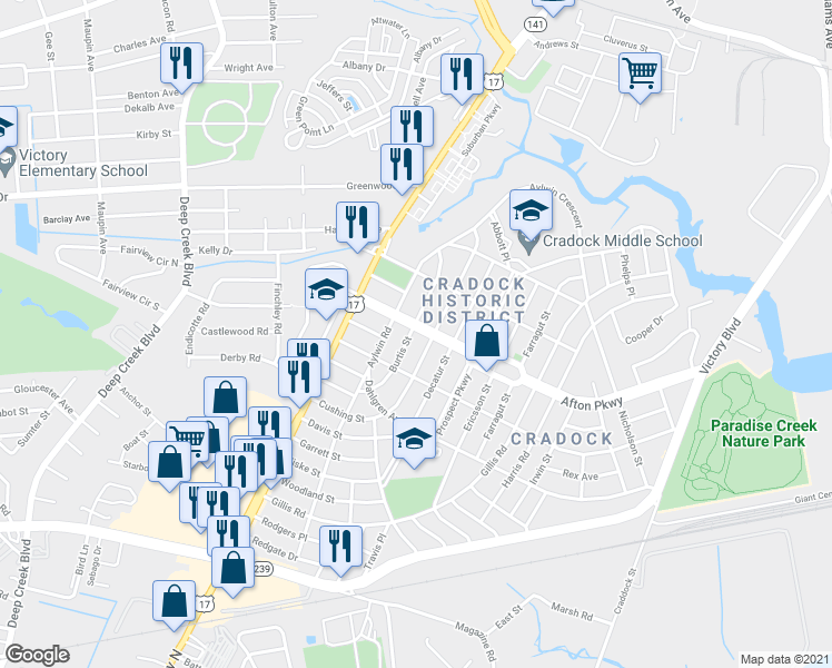 map of restaurants, bars, coffee shops, grocery stores, and more near 22 Afton Parkway in Portsmouth