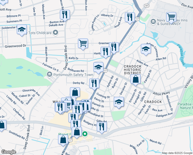 map of restaurants, bars, coffee shops, grocery stores, and more near 123 Good Hope Lane in Portsmouth