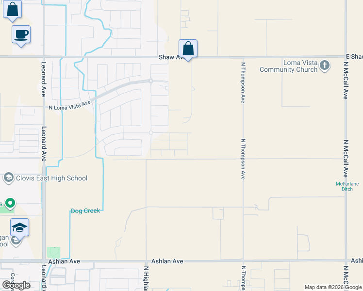 map of restaurants, bars, coffee shops, grocery stores, and more near 9121 East Shaw Avenue in Clovis