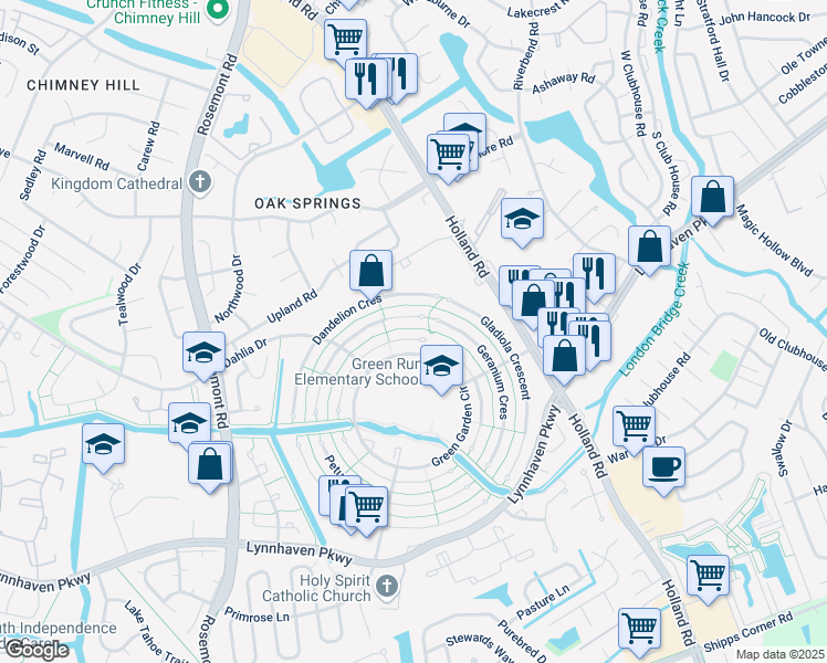 map of restaurants, bars, coffee shops, grocery stores, and more near 3412 Daisy Crescent in Virginia Beach