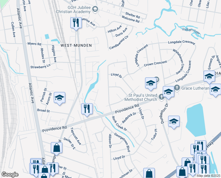 map of restaurants, bars, coffee shops, grocery stores, and more near 2500 Featherbed Court in Chesapeake