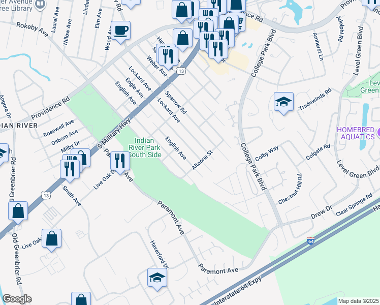 map of restaurants, bars, coffee shops, grocery stores, and more near 2123 Engle Avenue in Chesapeake