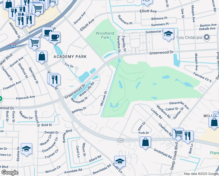 map of restaurants, bars, coffee shops, grocery stores, and more near 537 McLean Street in Portsmouth