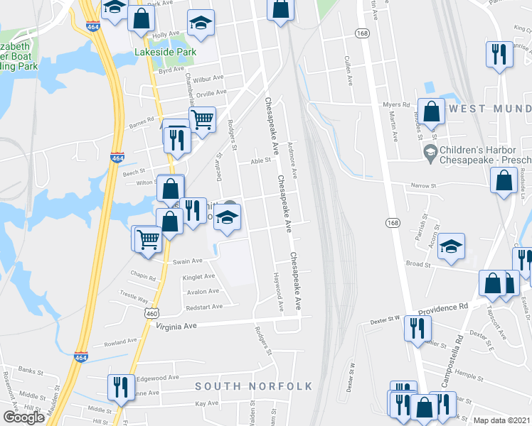map of restaurants, bars, coffee shops, grocery stores, and more near in Chesapeake