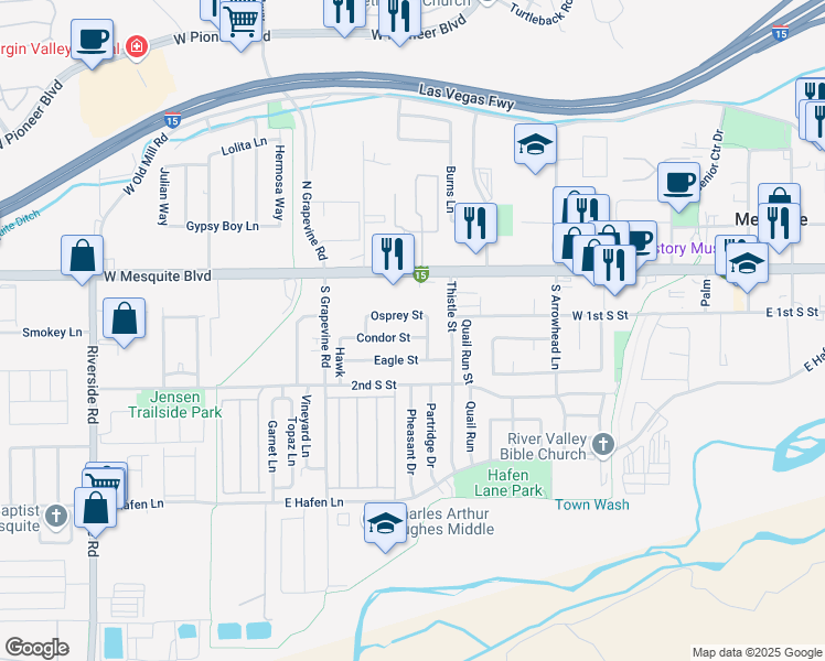 map of restaurants, bars, coffee shops, grocery stores, and more near 530 Osprey Street in Mesquite