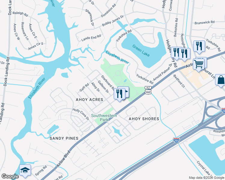 map of restaurants, bars, coffee shops, grocery stores, and more near 3944 Starboard Road in Chesapeake