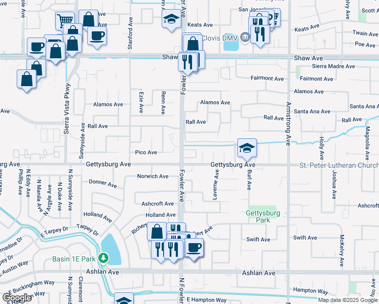 map of restaurants, bars, coffee shops, grocery stores, and more near 2649 Fowler Avenue in Clovis
