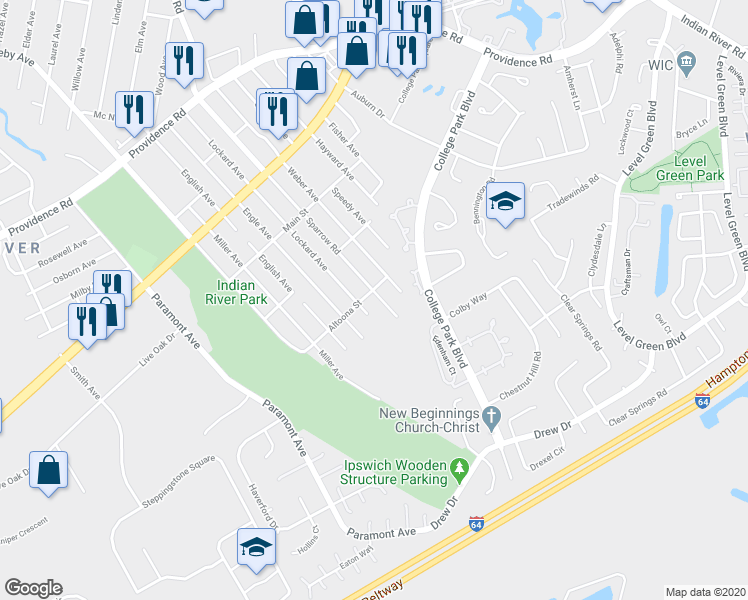 map of restaurants, bars, coffee shops, grocery stores, and more near 2201 Sparrow Road in Chesapeake
