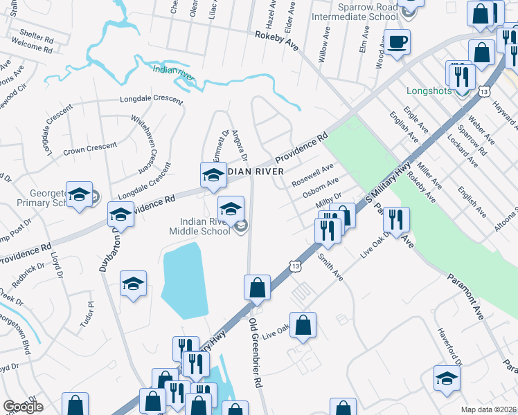 map of restaurants, bars, coffee shops, grocery stores, and more near 2543 Old Greenbrier Road in Chesapeake