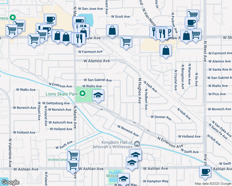 map of restaurants, bars, coffee shops, grocery stores, and more near 4684 North Lorna Avenue in Fresno