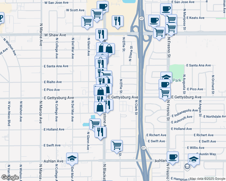 map of restaurants, bars, coffee shops, grocery stores, and more near 4676 North Blackstone Avenue in Fresno