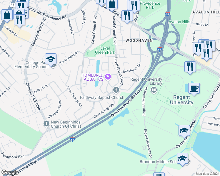 map of restaurants, bars, coffee shops, grocery stores, and more near 1170 Meadow Sage Lane in Virginia Beach