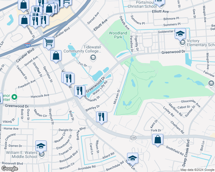 map of restaurants, bars, coffee shops, grocery stores, and more near 524 Normandy Street in Portsmouth
