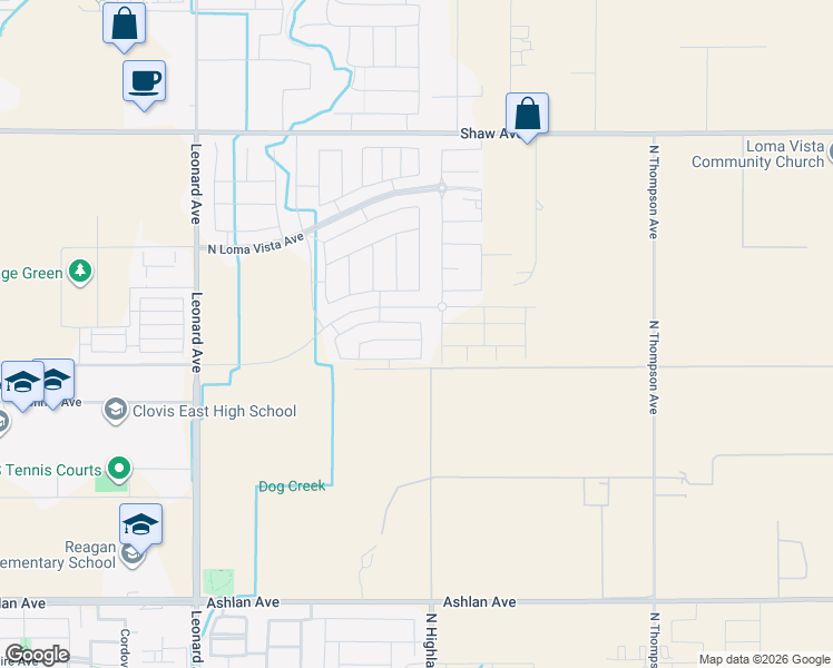 map of restaurants, bars, coffee shops, grocery stores, and more near 2605 Las Rosas Avenue in Clovis