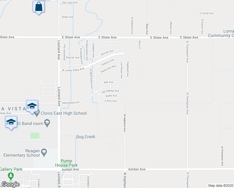 map of restaurants, bars, coffee shops, grocery stores, and more near 4111 San Gabriel Avenue in Clovis