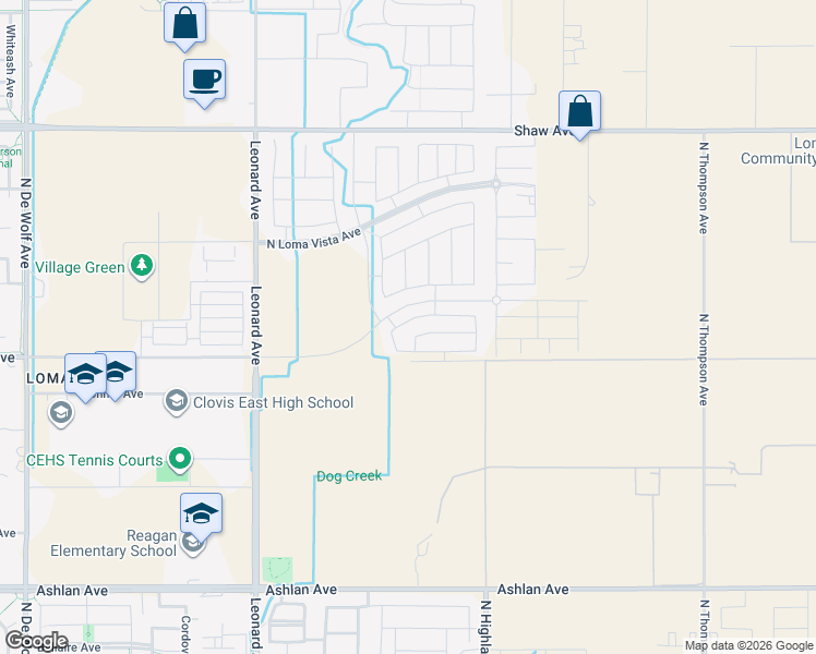 map of restaurants, bars, coffee shops, grocery stores, and more near 4051 San Gabriel Avenue in Clovis