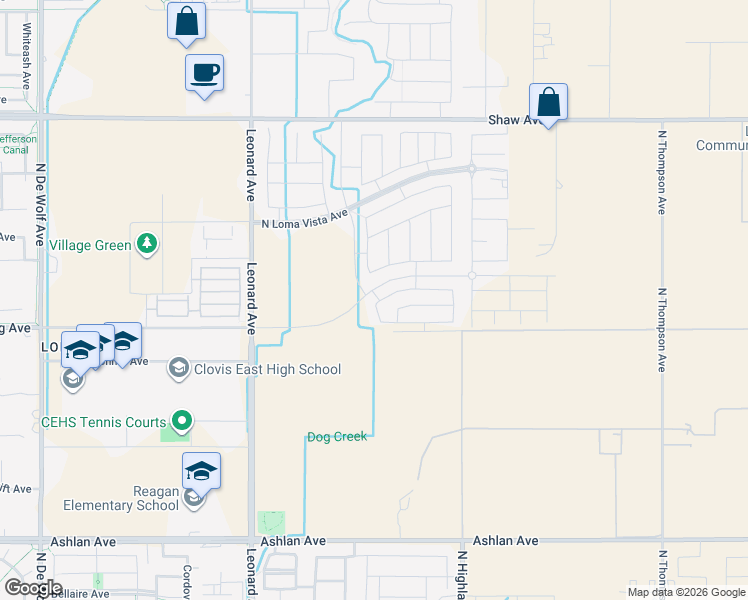 map of restaurants, bars, coffee shops, grocery stores, and more near 4051 San Gabriel Avenue in Clovis