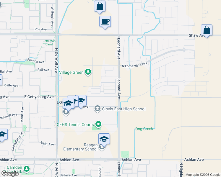 map of restaurants, bars, coffee shops, grocery stores, and more near 3745 Highclere Way in Clovis