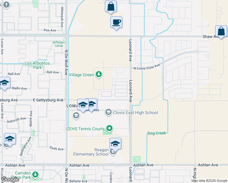 map of restaurants, bars, coffee shops, grocery stores, and more near 3659 Highclere Way in Clovis
