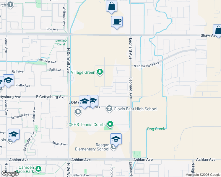 map of restaurants, bars, coffee shops, grocery stores, and more near 3659 Highclere Way in Clovis