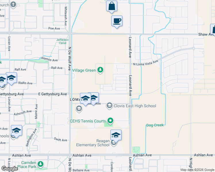 map of restaurants, bars, coffee shops, grocery stores, and more near 3659 Highclere Way in Clovis