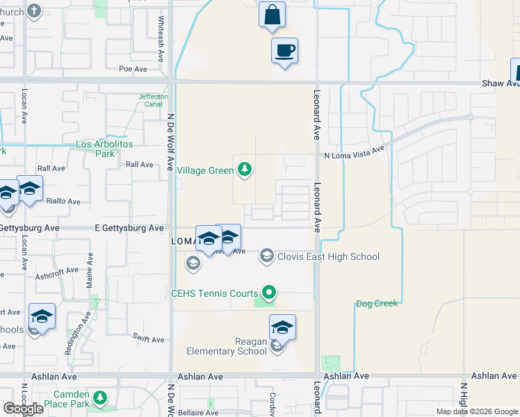 map of restaurants, bars, coffee shops, grocery stores, and more near 3659 Highclere Way in Clovis