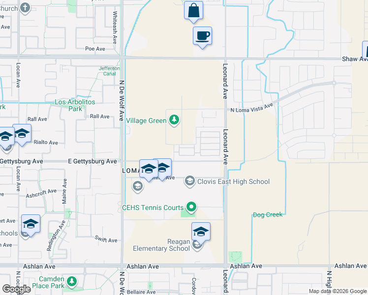 map of restaurants, bars, coffee shops, grocery stores, and more near 3659 Highclere Way in Clovis