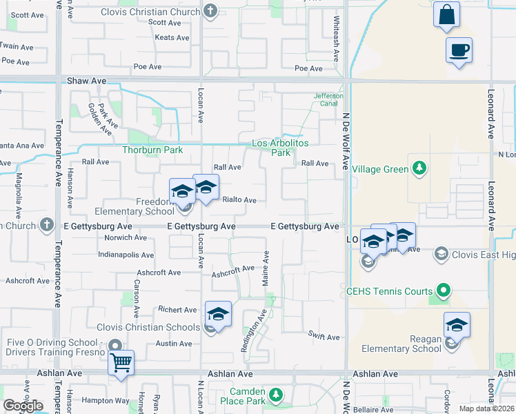map of restaurants, bars, coffee shops, grocery stores, and more near 3159 Rialto Avenue in Clovis