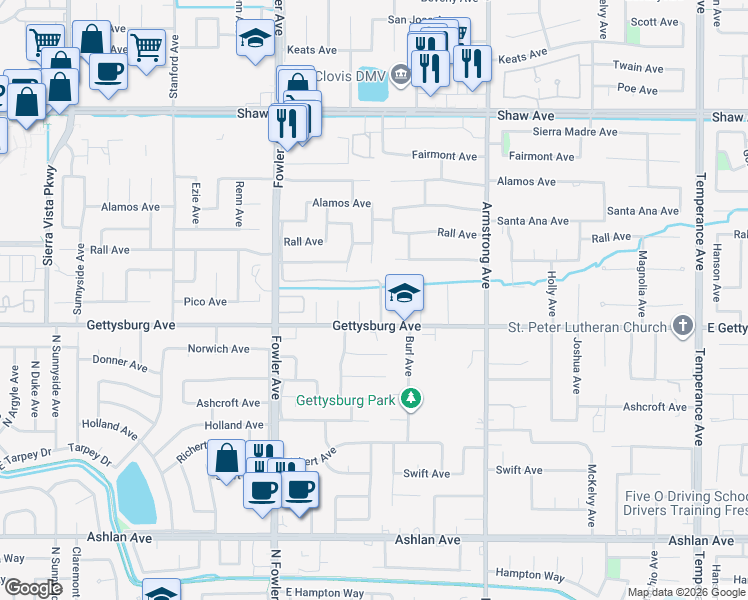 map of restaurants, bars, coffee shops, grocery stores, and more near 2643 Burgan Avenue in Clovis
