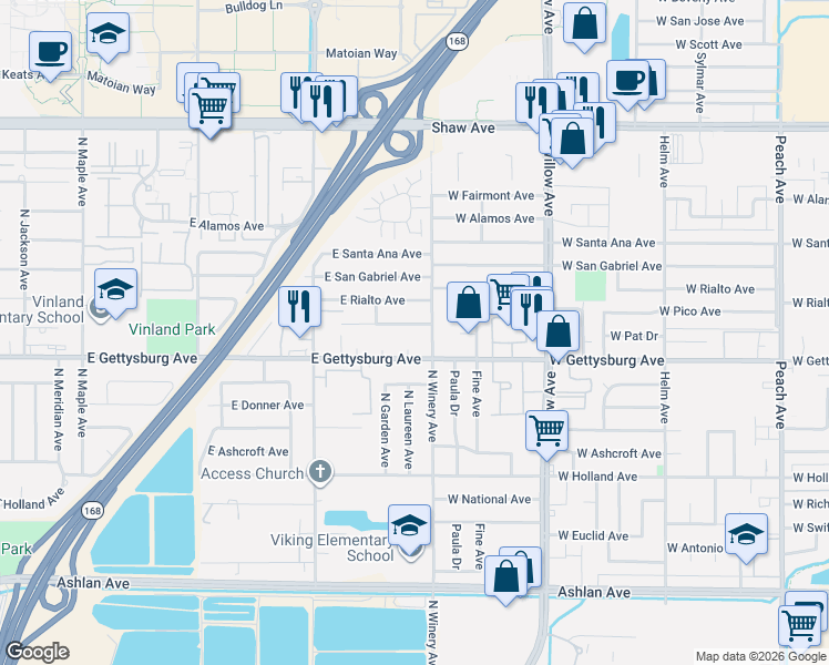 map of restaurants, bars, coffee shops, grocery stores, and more near 4875 East Pico Avenue in Fresno