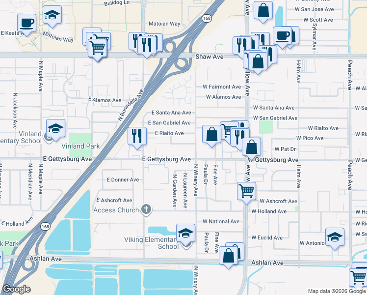 map of restaurants, bars, coffee shops, grocery stores, and more near 4875 East Pico Avenue in Fresno