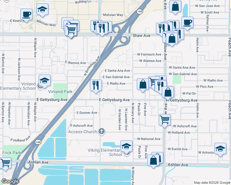 map of restaurants, bars, coffee shops, grocery stores, and more near 4841 East Pico Avenue in Fresno