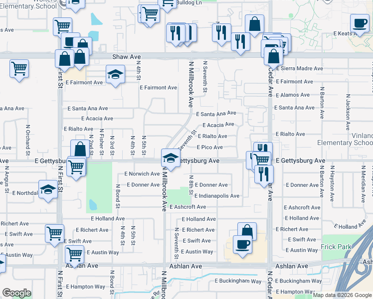 map of restaurants, bars, coffee shops, grocery stores, and more near 3767 East Pico Avenue in Fresno