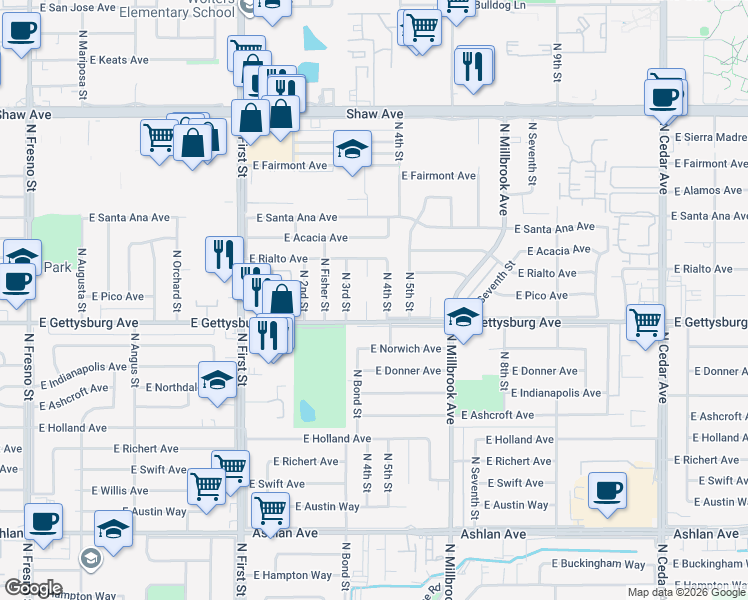 map of restaurants, bars, coffee shops, grocery stores, and more near 4640 North 4th Street in Fresno