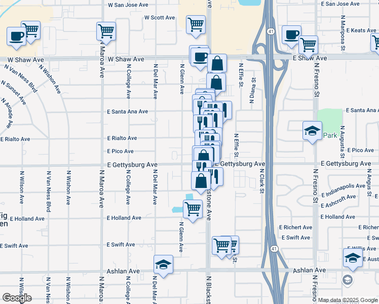 map of restaurants, bars, coffee shops, grocery stores, and more near 4661 North Blackstone Avenue in Fresno