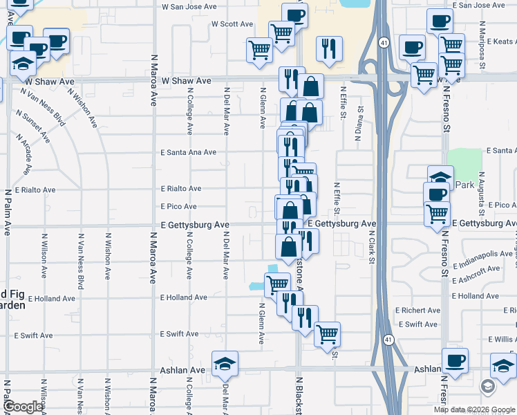 map of restaurants, bars, coffee shops, grocery stores, and more near 4671 North Glenn Avenue in Fresno