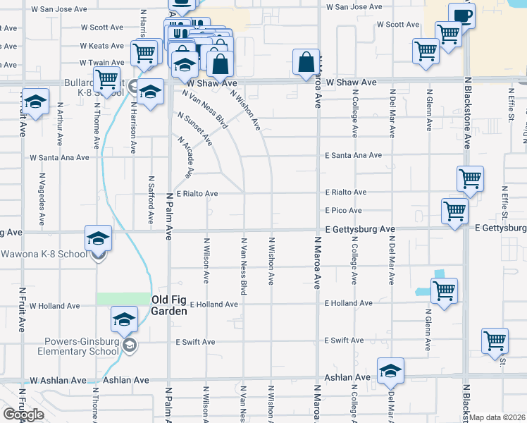 map of restaurants, bars, coffee shops, grocery stores, and more near 4674 North Van Ness Boulevard in Fresno