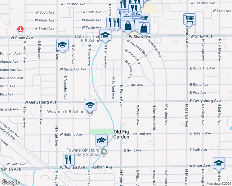 map of restaurants, bars, coffee shops, grocery stores, and more near 4678 North Safford Avenue in Fresno