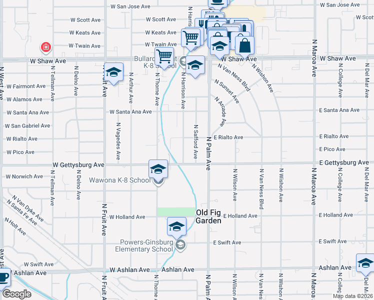 map of restaurants, bars, coffee shops, grocery stores, and more near 4679 North Harrison Avenue in Fresno