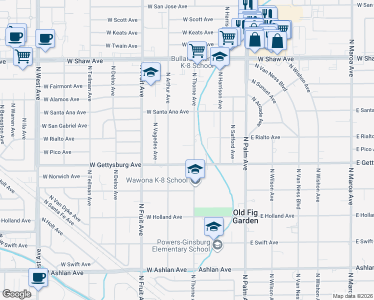 map of restaurants, bars, coffee shops, grocery stores, and more near 4685 North Thorne Avenue in Fresno